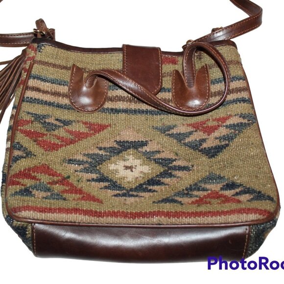 Woven Tapestry wool & leather shoulder bag Aztec print Southwest Crossbody purse - Picture 10 of 11